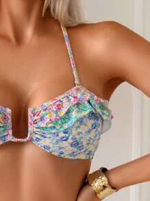 Swim Mod 2025年夏季女款碎花抹胸可拆卸肩带沙滩比基尼套装