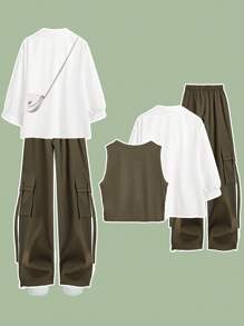 Flirla Plus Size 3 Pieces Set: Casual Shirt + Letter Print Tank Top + Drawstring Cargo Pants - Multicolor - View 2