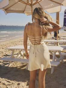 Aralina Women Solid Color Sleeveless Ruffled Sleeve Back Tie Open Back Mini Dress, For Summer - White - View 2