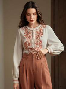 Anewsta Blusa elegante de manga larga con cuello redondo, botones y ajuste holgado con bordados, de color albaricoque versátil - Albaricoque - Ver 6