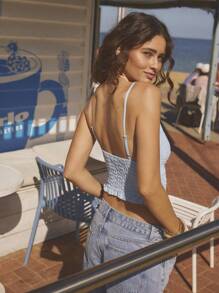 Aralina 女士纯色露背休闲度假无袖衬衫 - 藍色 - 查看 2