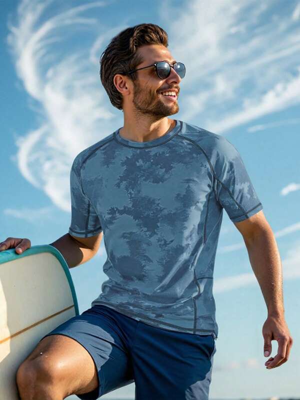 Manfinity Swimmode Herren Sommer Urlaubs Strand Voll Muster Raglan Ärmel Surf T-Shirt, Hawaii-Stil