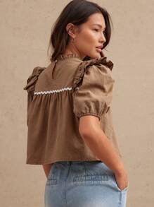 WESTFADE 100% 纯棉立领荷叶边泡泡袖撞色饰边多层娃娃装上衣，适合秋季、秋季、冬季、波西米亚风、休闲风、乡村音乐会风、西部风 - 棕色 - 查看 2