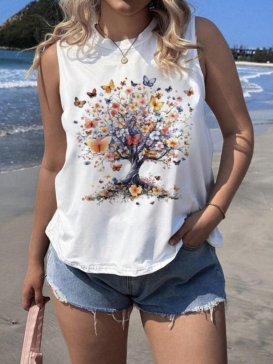 EMERY ROSE Plus Size Women Casual Floral, Tree & Butterfly Pattern Round Neck Tank Top, Suitable For Summer - White - View 1