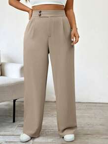 SHEIN Tall 大码女式优雅高腰褶皱阔腿休闲裤 - 卡其色 - 查看 3