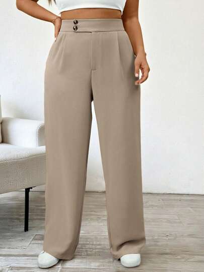 SHEIN Tall Plus Size Women Elegant High Waisted Pleated Wide Leg Casual Pants Fall Cloth For Women