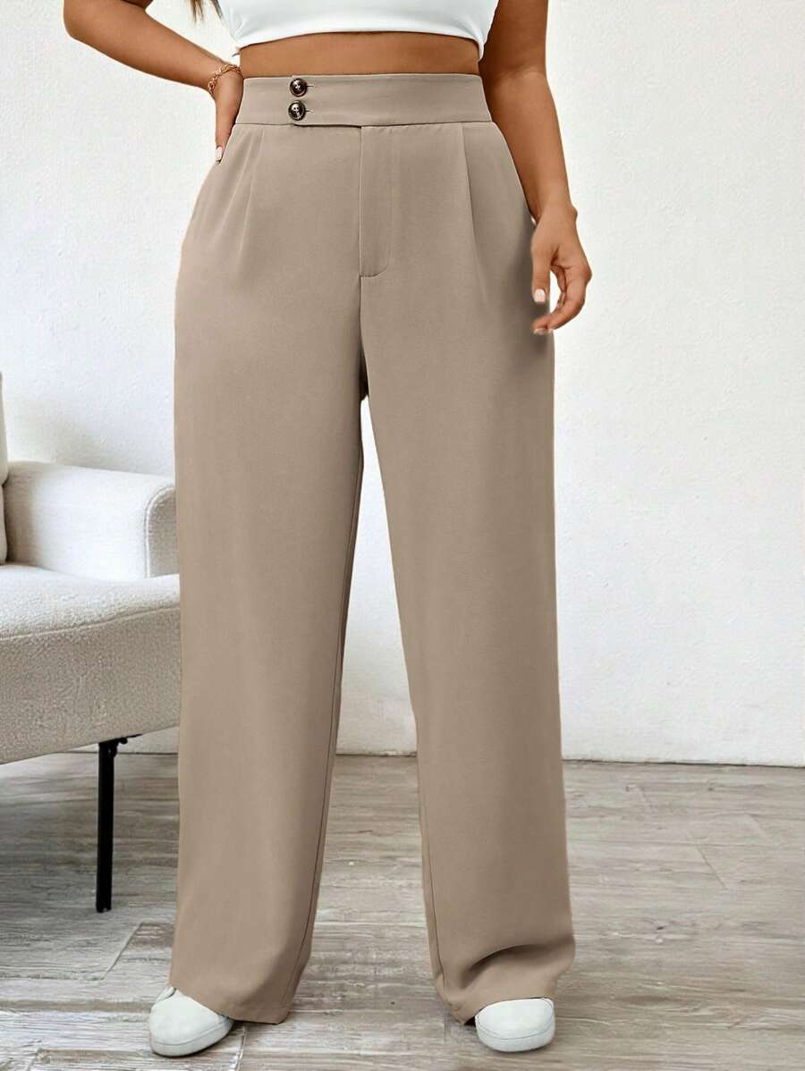 SHEIN Tall 大码女式优雅高腰褶皱阔腿休闲裤 - 卡其色 - 查看 1