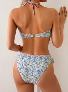 Swim Mod 2025年夏季女款碎花抹胸可拆卸肩带沙滩比基尼套装