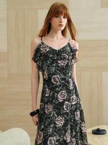 SHEIN LUNE 优质优雅慵懒度假通勤绿色花卉印花荷叶边下摆女式长裙 - 黑色 - 查看 2