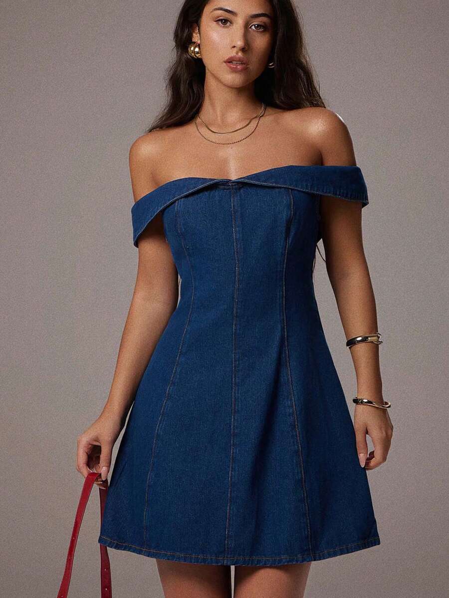 Avantive Summer Women Navy Blue Autumn Casual Date Off Shoulder Mini Denim Dress,Elegant Sleeveless A Line Bodycon Birthday Wedding Guest Cocktail Outfits - Blue - View 1