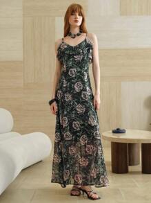 SHEIN LUNE 优质优雅慵懒度假通勤绿色花卉印花荷叶边下摆女式长裙 - 黑色 - 查看 3