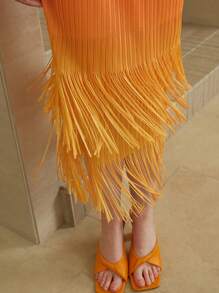 Arave Women's Elegant High-End Ombre Dye Casual Pleated Double Layer Vintage Tassel Yellow Skirt For Women Summer, Orange & Yellow Color Fall For Women - Orange - View 2