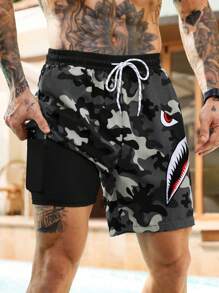 Manfinity Swimmode Men's Camo Print Drawstring Waist Beach Shorts, Hawaiian - Multicolor - View 4
