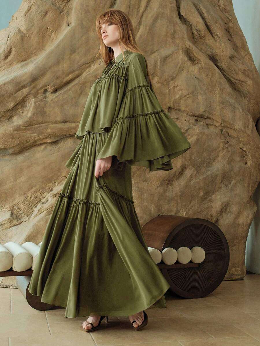 Arave 女士优雅荷叶边绿色雪纺飘逸裙，雪纺裙，女士长裙，女士两件套，女士度假装 - 軍綠色 - 查看 1