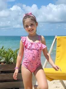 1pc Girls' Adjustable Shoulder Strap Ditsy Floral Ruffled Trim One-Piece Swimsuit - Multicolor - View 1