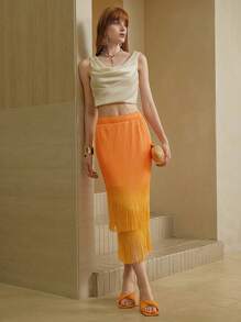 Arave Women's Elegant High-End Ombre Dye Casual Pleated Double Layer Vintage Tassel Yellow Skirt For Women Summer, Orange & Yellow Color Fall For Women - Orange - View 7