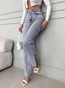 EURMUSE 100%Cotton High Waist Split Hem Straight Leg Jeans - Light Wash - View 1