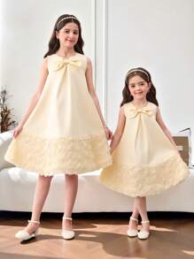 Tween Girl 3D Flower Patchwork Big Bow Decor Round Neck Sleeveless A-Line Dress