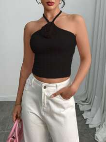 INAWLY Women's Sleeveless Solid Color 3D Floral Decorative Crop Top