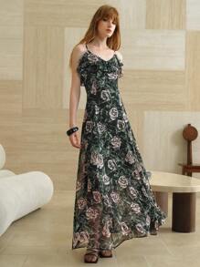 SHEIN LUNE 优质优雅慵懒度假通勤绿色花卉印花荷叶边下摆女式长裙 - 黑色 - 查看 6