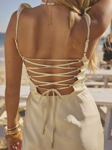 Aralina Women Solid Color Sleeveless Ruffled Sleeve Back Tie Open Back Mini Dress, For Summer - White - View 3