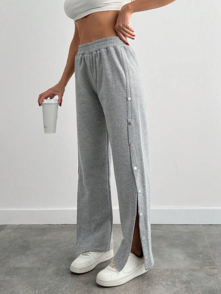 EURMUSE Cotton Wide Leg Side Detailed Sweatpant Linen - Light Grey - View 1