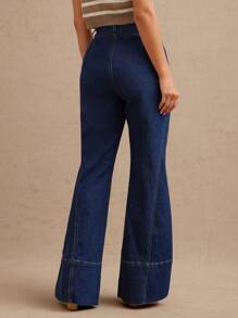 WESTFADE High Rise Western Cowgirl Seaming Wide Leg Flare Cotton Blend Denim Jeans Summer Nashville Rodeo - Dark Wash - View 2