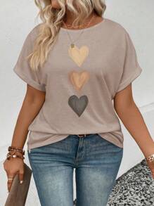 INAWLY Women's Casual Crew Neck Short Sleeve Turnover Cuff Ombre Heart Print Plus Size T-Shirt, Best Selling