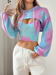 SHEIN EZwear Conjunto de top corto con tirantes finos y sudadera con capucha de manga larga para mujeres, atuendos para graduación, regreso a la escuela, atuendos para maestras, regreso a la escuela en otoño/invierno - Morado - Ver 4