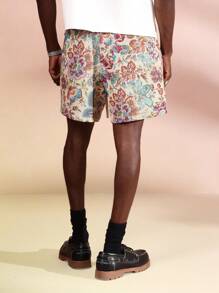 SUMWON Pantalones cortos de verano de ajuste regular con estampado de tapiz, con sensación de lino, relajados con cordón, clásicos y casuales, para playa, resort, uso diurno transpirable