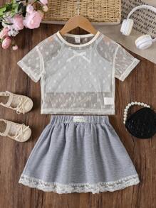 2 件套年轻女孩通勤休闲雏菊罩衫短袖 T 恤和无袖蝴蝶结上衣搭配灰色迷你裙，春夏 - 灰色 - 查看 3