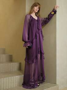 SHEIN Unity Vestido casual suelto de mujer de estilo vacacional, de gasa morada, de manga larga con cuello en V, con volantes y cintura con lazo - Morado - Ver 5