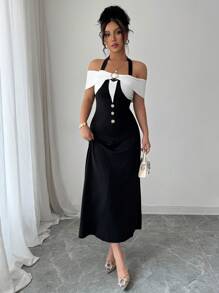 Selianne Luxurious Elegant Vintage Print Party Dress - Black and White - View 6