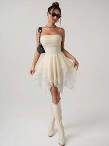 SHEIN ICON 女式露肩荷叶边不对称下摆迷你连衣裙，方领褶饰 - 杏色 - 查看 7