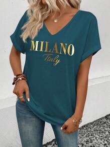 SHEIN 新款女士时尚金属字母图案V领短袖T恤 - 藍色 - 查看 4