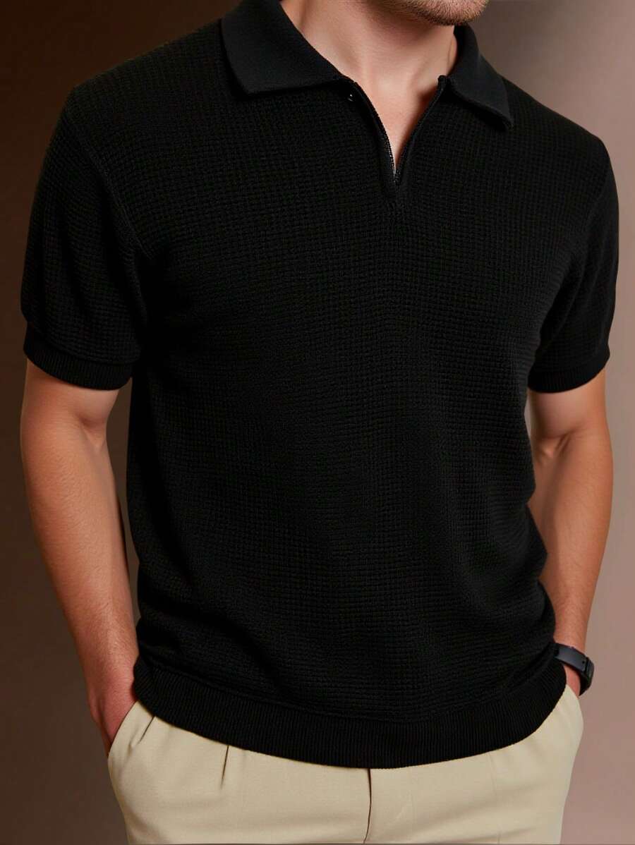 RueChic Polo à demi-zip standard à texture unie pour hommes