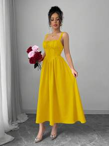 Rafferiza 女士黄色纯色度假沙滩休闲连衣裙生日毕业装奶油黄色荷叶边前系带蝴蝶结可爱优雅吊带后背不对称腰部修身A字下摆2025夏季新款长裙 - 黃色 - 查看 6