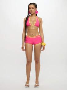 SUMWON WOMEN Beach Micro High Waisted Booty Shorts Summer Festival Swim Bottom Beachwear High Cut Pool Party Vacation Resort Wear - Red - View 3