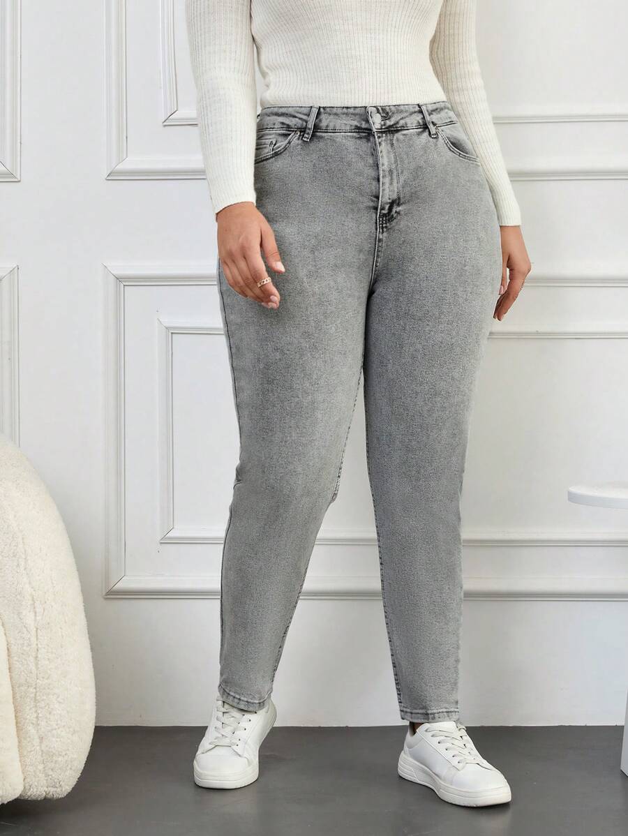 EURMUSE 97% Cotton Plus High Waist Mom Fit Jeans - Grey - View 1