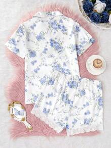 Conjunto de prendas de estar en casa de 2 piezas para adolescentes, con un cárdigan de manga corta con estampado floral francés y ribete de encaje y pantalones cortos, de estilo lujoso y cómodo - Blanco - Ver 2
