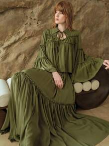 Arave 女士优雅荷叶边绿色雪纺飘逸裙，雪纺裙，女士长裙，女士两件套，女士度假装 - 軍綠色 - 查看 6