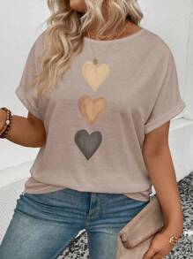 INAWLY Women's Casual Crew Neck Short Sleeve Turnover Cuff Ombre Heart Print Plus Size T-Shirt, Best Selling