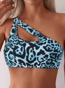 Women's Leopard Print Halter Neck Backless Sexy Bikini Top For Summer Beach Vacation - Baby Blue - View 1