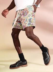 SUMWON Pantalones cortos de verano de ajuste regular con estampado de tapiz, con sensación de lino, relajados con cordón, clásicos y casuales, para playa, resort, uso diurno transpirable