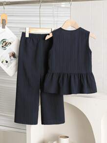 2pcs/Set Toddler Girls Solid Color Single-Breasted Bow Decor Ruffle Hem Vest Shirt And Long Pants Outfit,Minimalist Casual Summer,Family Matching - Royal Blue - View 3