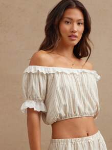WESTFADE 细条纹和孔眼刺绣露肩短款泡泡袖短款波西米亚牛仔上衣夏季海滩度假纳什维尔西部风 - 杏色 - 查看 1