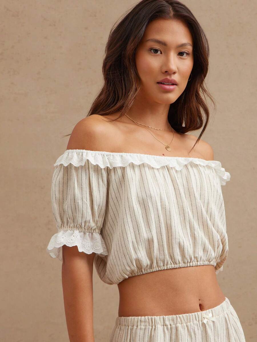 WESTFADE 细条纹和孔眼刺绣露肩短款泡泡袖短款波西米亚牛仔上衣夏季海滩度假纳什维尔西部风 - 杏色 - 查看 1