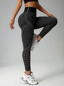 SHEIN Sport Studio 1pc Women Leopard Print Mesh Workout Ankle Leggings