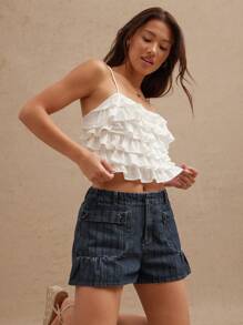 WESTFADE Quần short denim miền Tây Cowgirl Rodeo cạp vừa có túi tiện dụng có nút - Rửa tối - Xem 3