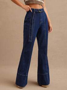 WESTFADE High Rise Western Cowgirl Seaming Wide Leg Flare Cotton Blend Denim Jeans Summer Nashville Rodeo - Dark Wash - View 5